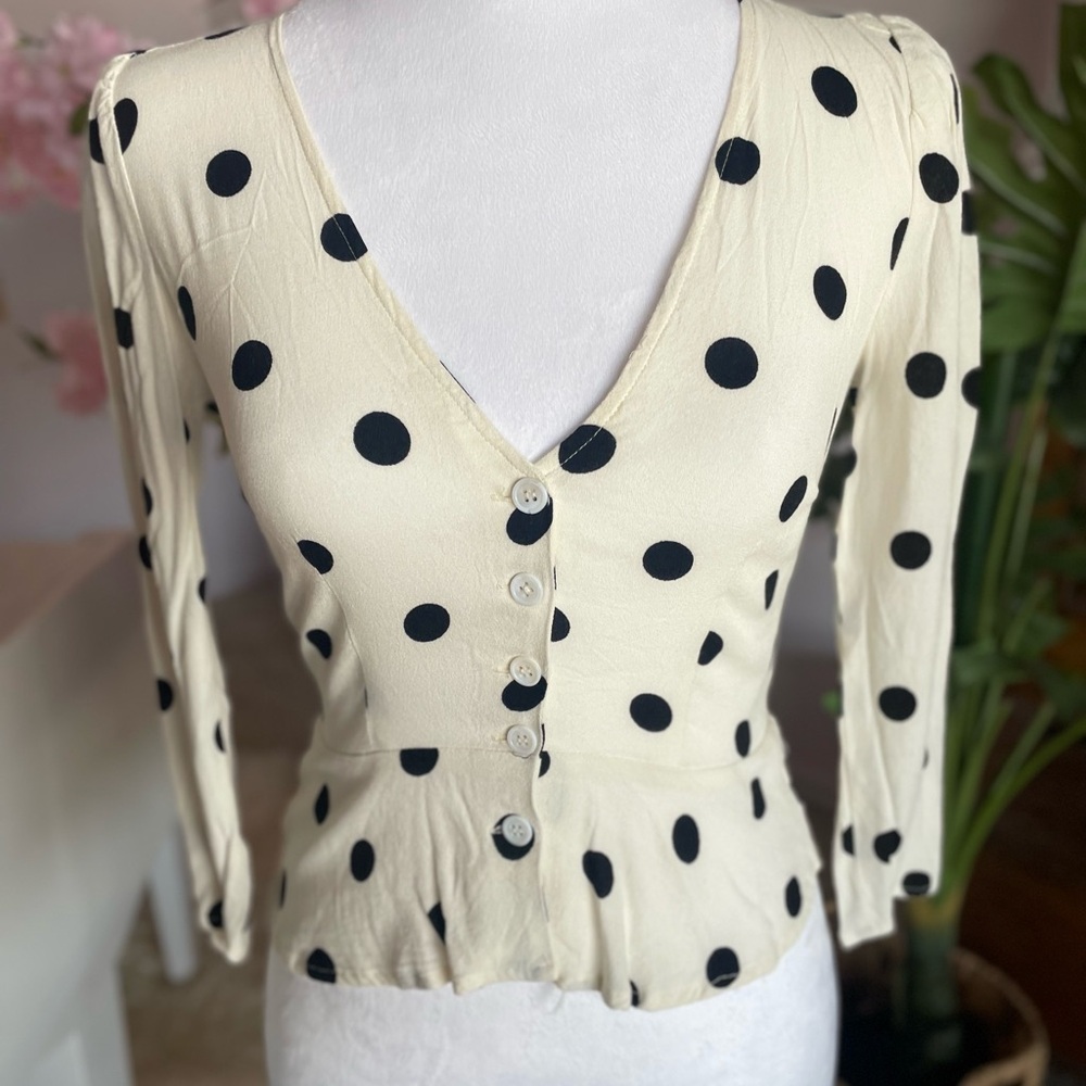 Reformation Cream and Black Polka Dot Blouse